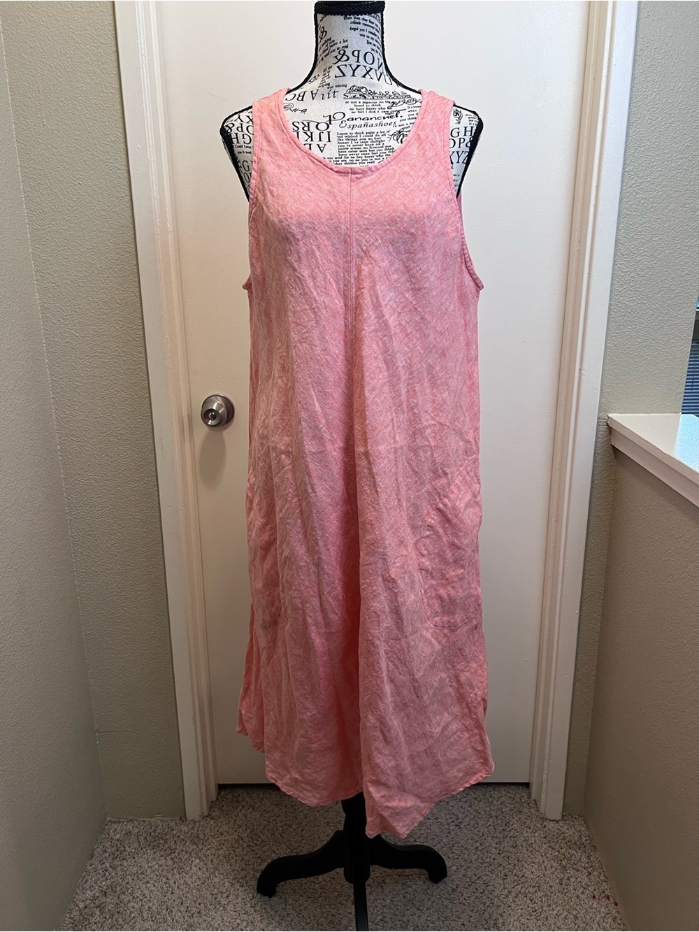 Lands' End 100% Linen Sleeveless A-Line Midi Dress Tall LT Coral Pink beach